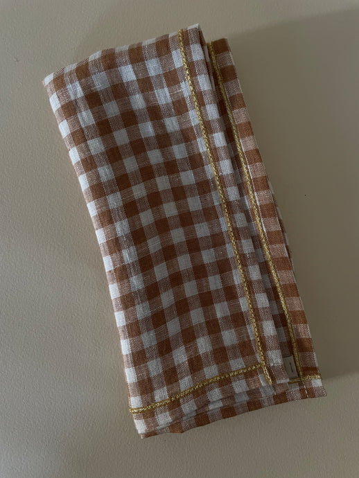 Brown Gingham Dinner Napkins with Gold — set of 4