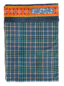 Blue Khadi Plaid Hand Tied Quilt with Patchwork Embroidered Hmong Trim